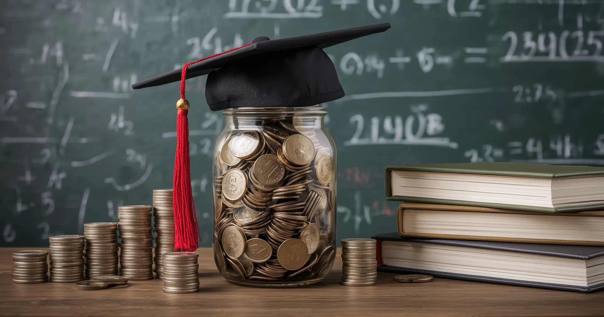 Voor een schoolbord staat op een bureau stapels munten van klein naar groot, stapel boeken, pot met geld waarop een afstudeerhoed ligt